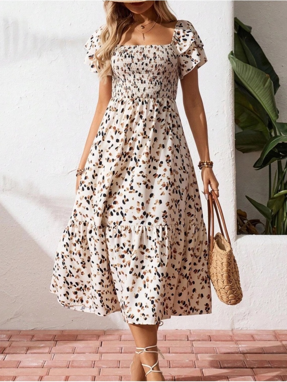 Rosa Clothing Cream with spots;  Ruffled Floral  Smocked Midi Dress size L NWT